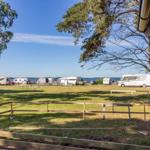 Grüner Campingplatz mit Wohnmobilen am Wasser unter Bäumen.