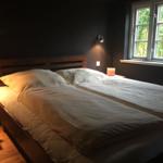 Schlafzimmer mit Doppelbett, Holzrahmen und Fenster mit Blick auf Bäume.