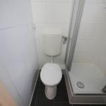 Badezimmer mit Toilette und Dusche, weiße Wände, schwarze Bodenfliesen.