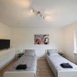 Zwei Einzelbetten, Fernseher und Wandbild im Schlafzimmer.