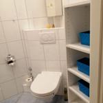 Badezimmer mit Toilette, Regal und Toilettenpapierhalter.