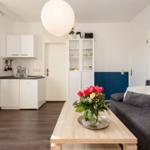 Wohnbereich mit Sofa, Esstisch und kleiner Küche.