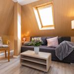 Wohnzimmer mit Sofa, Sessel und Dachfenster. Holzwände und Boden.