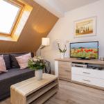Wohnzimmer mit Sofa, Fernseher und Dachfenster.