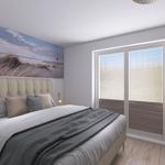 Schlafzimmer mit Bett, Wandbild und Fenster.