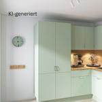 Küche mit hellgrünen Schränken, Holzoberfläche und Blick auf Felslandschaft.