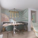 Essbereich mit Tisch, Stühlen und Wandbild. Durchgang zur Küche und Sitzgelegenheit.