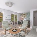 Wohnbereich mit Sofa, Sesseln und Tisch. Große Fenster mit Blick auf Hügel.