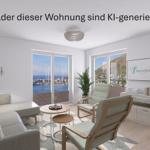 Wohnzimmer mit Sofa, Stühlen und Blick auf Meer und Berge.