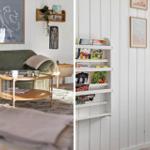 Wohnzimmer mit Sofa, Couchtisch und Bücherregal an der Wand.