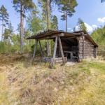 Holzhütte mit Dachvorsprung in Waldlandschaft
