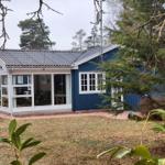 Blue house with large glass area and garden