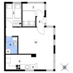 Apartment with kitchen, bathroom, and three bedrooms. Hallway with staircase.