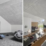 Living area with TV, sofa, and dining area under sloped ceilings.