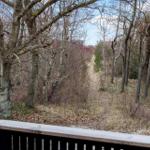 Waldweg führt zu einem Haus im Hintergrund. Blick von einer Terrasse aus.