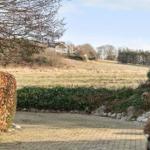 Pflasterweg führt durch Garten zu Ferienhaus im Hintergrund.