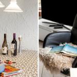 Dining table with wine bottles and board games. Black chair with book and fur blanket.