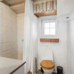 Bathroom with toilet, shower, and window. Wooden ceiling and white walls.