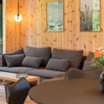 Living room with wooden walls, gray sofa, and view of greenery through window.