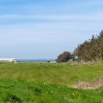 Wide green field with view of the sea and buildings in the background.
