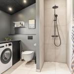 Bath with shower, toilet, and washing machine. Black ceiling and gray walls.