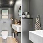 Bathroom with toilet, sink, and mirror. Wall design and lighting.