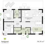 Dieses Ferienhaus hat zwei Schlafzimmer, eine Küche, ein Bad und einen Wohnbereich.