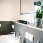 Badezimmer mit Waschbecken, Spiegel und Pflanze auf der Ablage.