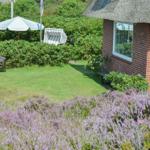 Rotes Backsteinhaus mit Strohdach, Garten mit Sonnenschirm und Liegestuhl, vormals Heideblumen.