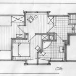 Grundriss zeigt Wohn- und Schlafbereich mit Küche und Treppe.