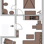 Die Wohnung hat eine Küche, ein Schlafzimmer, ein Bad und eine Wohnküche.