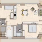 Dieses Apartment hat eine Küche, ein Bad, ein Schlafzimmer und eine Terrasse.