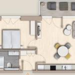 Dieses Apartment hat ein Schlafzimmer, eine Küche, ein Bad und eine Terrasse.