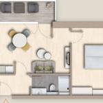 Ein Raumplan mit Küche, Wohnbereich, Schlafzimmer und Bad.