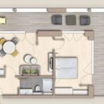 Dieses Apartment hat eine Küche, Wohnbereich, Schlafzimmer und Bad.