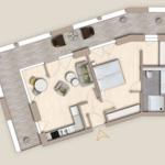 Dieses Apartment hat eine Küche, ein Schlafzimmer und ein Bad.