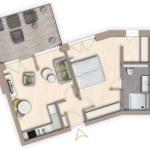 Die Wohnung hat eine Küche, Wohnzimmer, Schlafzimmer und Bad.