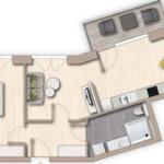 Das Apartment hat eine Schlafzimmer, Wohnbereich, Küche und Bad.