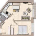 Ein Raumplan mit Küche, Wohnzimmer, Schlafzimmer und Terrasse.