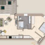 Das Apartment hat eine Küche, ein Bad, einen Wohnbereich und ein Schlafzimmer mit Balkon.
