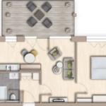 Dieses Ferienhaus hat eine Küche, ein Bad und einen Wohnbereich mit Schlafzimmer.