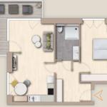 Wohnung mit Küche, Schlafzimmer und Bad. Außenbereich mit Sitzgelegenheit.