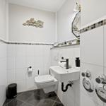 Badezimmer mit Toilette, Waschbecken und Dusche. Wanddekoration und Mosaikfliesen.