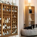 Holzregal mit Steinen und Muscheln. Hund liegt auf Kissen neben Bücherregal.