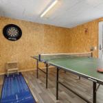 Raum mit Tischtennisplatte, Dartboard und Fenster. Holzwand und Boden.