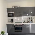 Moderne Küche mit grauen Schränken, Herd, Spüle und Mikrowelle.