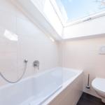 Badezimmer mit Badewanne, Duschbrause und Toilette unter Dachschrägen.