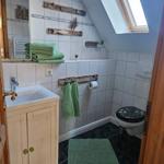 Badezimmer mit Dachfenster, Waschbecken, Toilette und grünen Handtüchern.