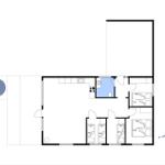 Wohnung mit Küche, Bad, drei Schlafzimmern und Terrasse. Orientierung mit Kompass.