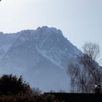 Schneebedeckte Berge sind vom Fenster aus sichtbar, umgeben von Bäumen und einem Dach.